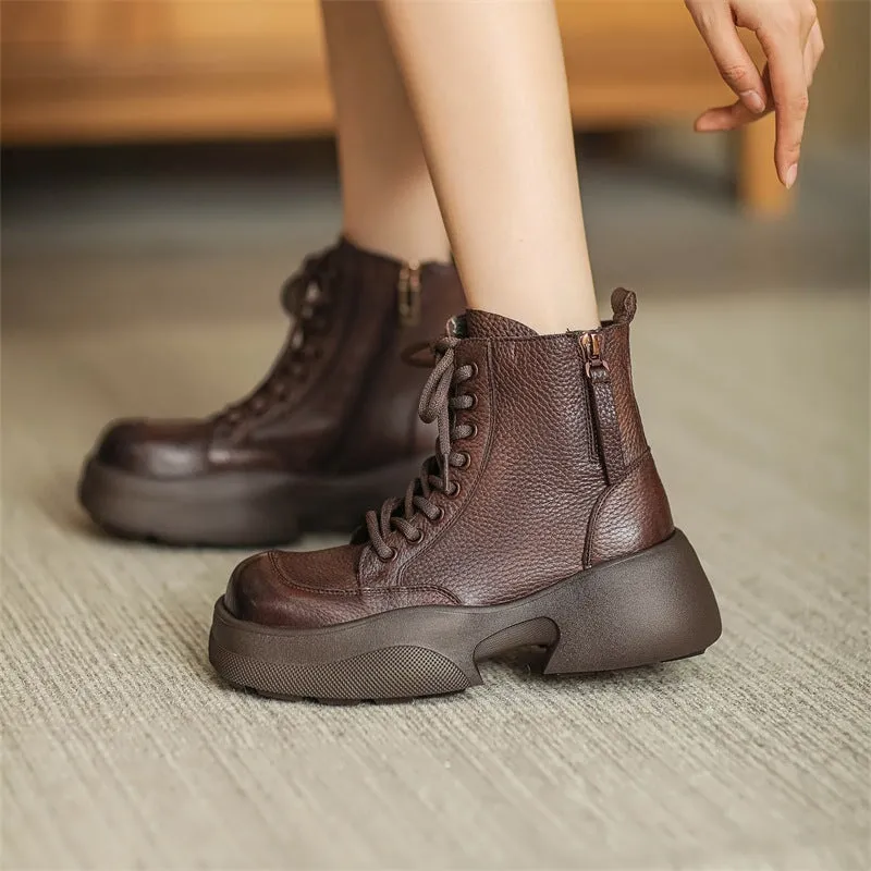 60mm Platform Boots Lace up Leather Martin Boots Handmade Square Toe Combat Boots in Brown/Black