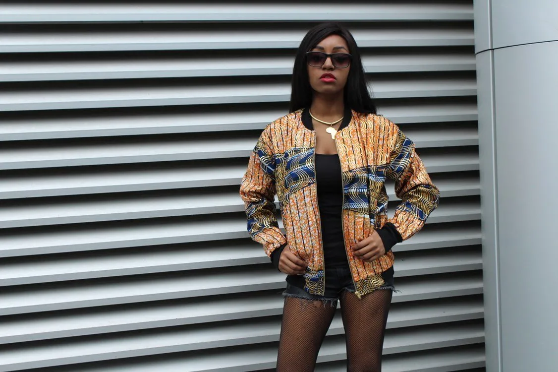 African Bomber Jacket in Gold Orange Print - Festival Jacket