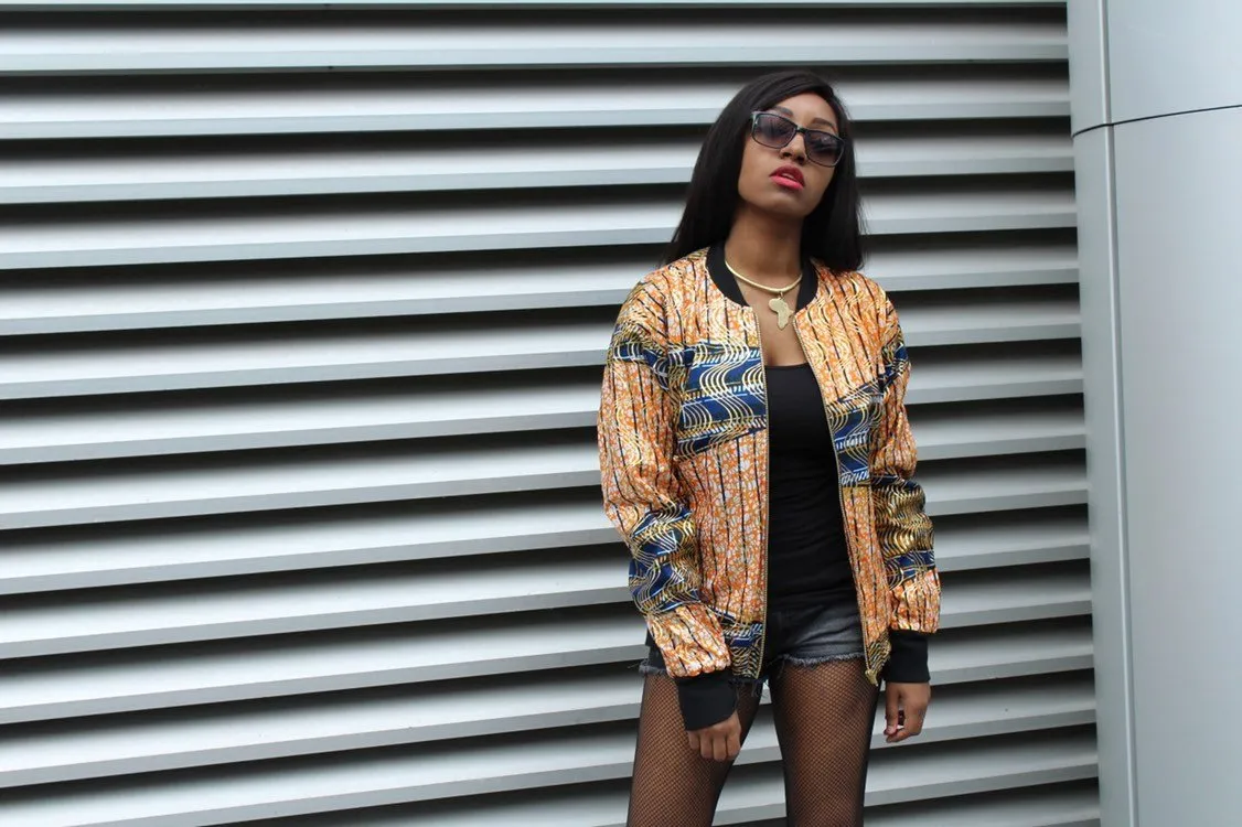 African Bomber Jacket in Gold Orange Print - Festival Jacket