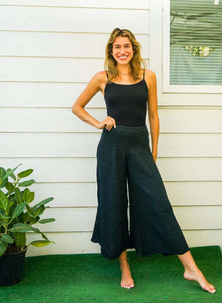 Black Double Gauze Wide Legs Palazzo Pants