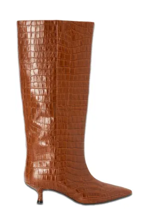 Croc Effect Leather Long Kitten Heel Boots, Tan