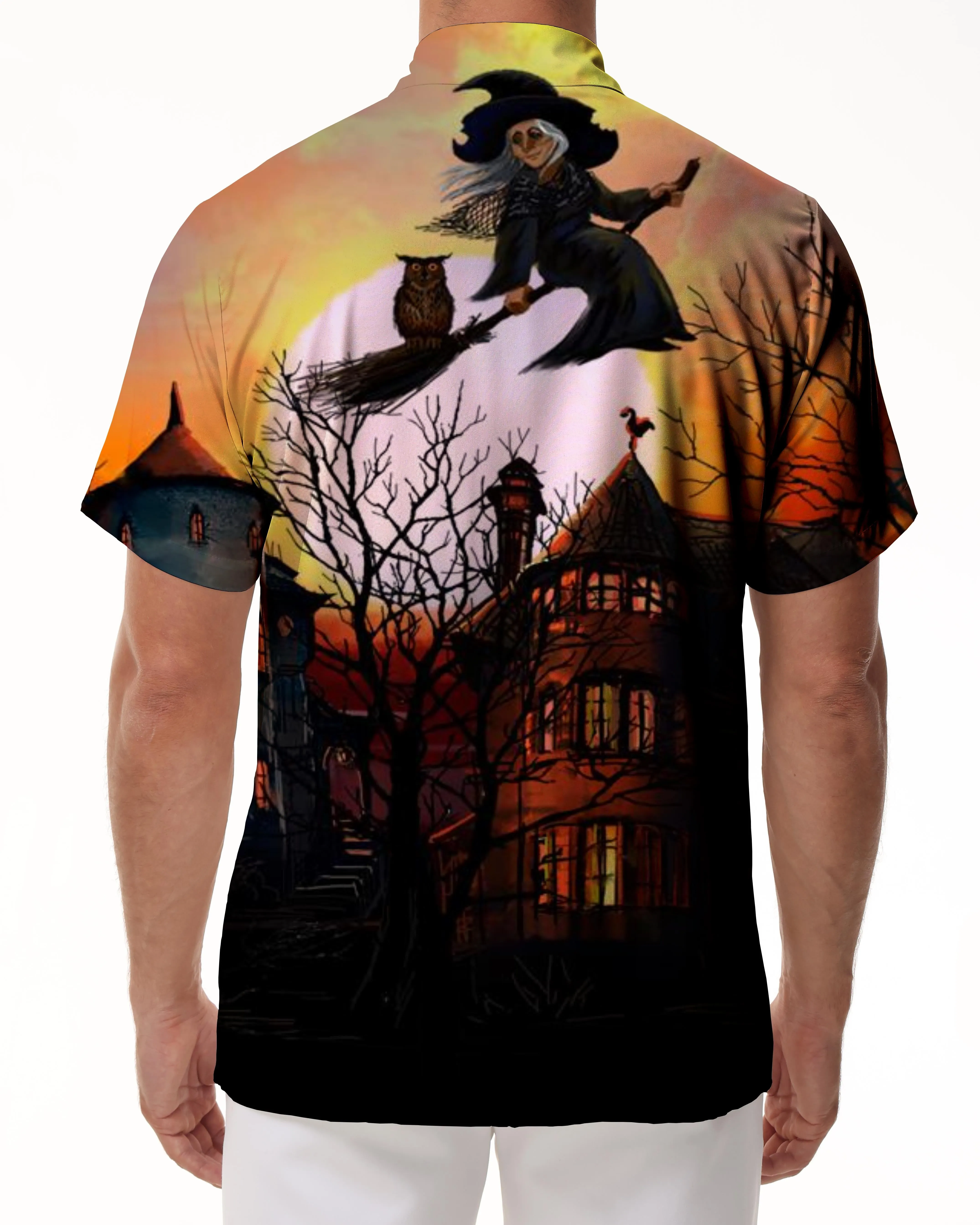 Dead Tree Castle Halloween Night Hawaiian Shirt Men's Button Short Sleeve Casual Shirt Beach Vacation