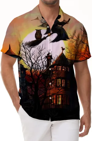 Dead Tree Castle Halloween Night Hawaiian Shirt Men's Button Short Sleeve Casual Shirt Beach Vacation