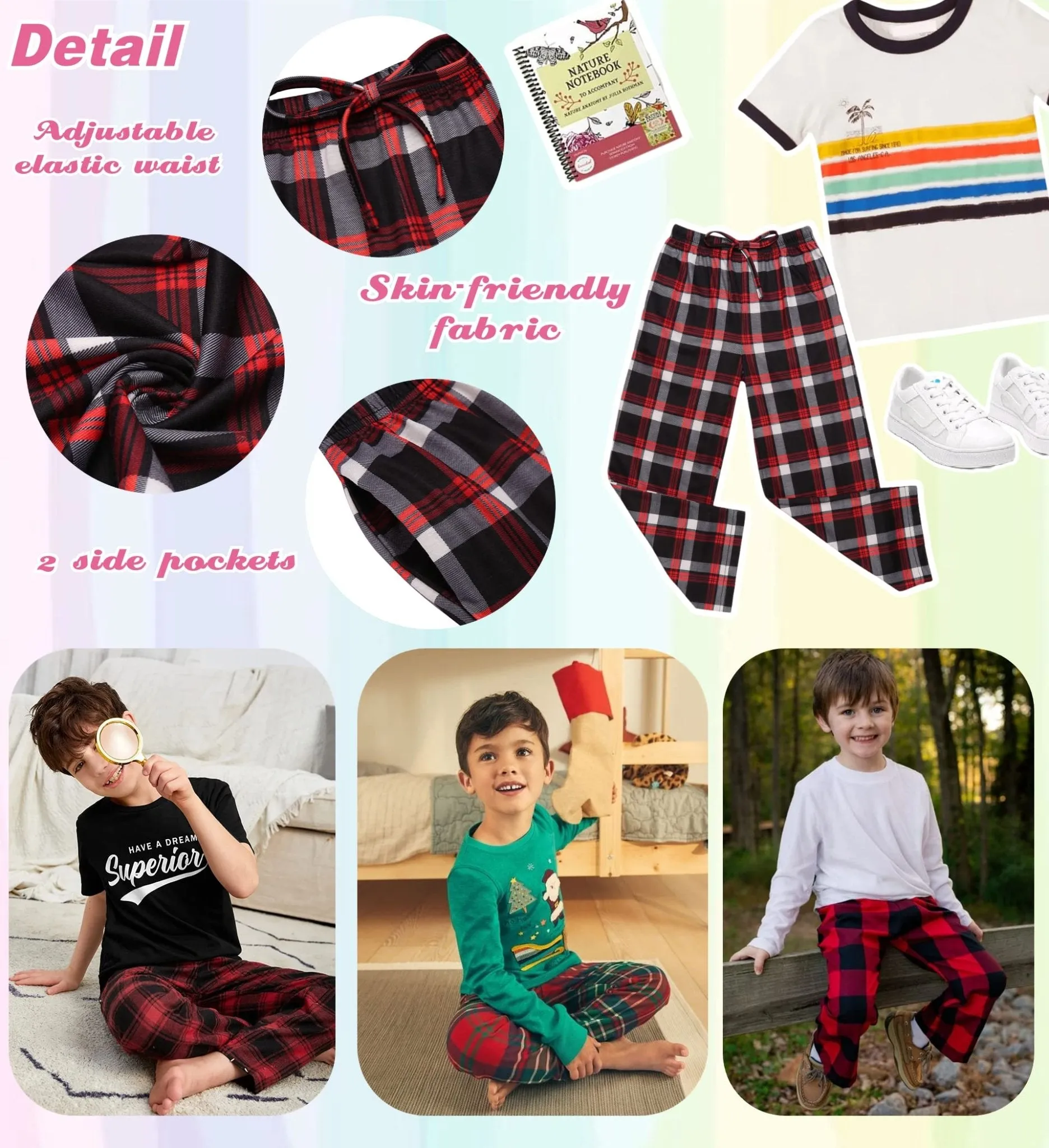 Ekouaer Boys Pajama Pants Long Sleep Pants Soft Elastic Waist Pajama Bottoms Plaid Lounge Pants with 2 Pockets