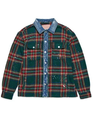 Flannel Green Shacket With Denim Contrast Jacket