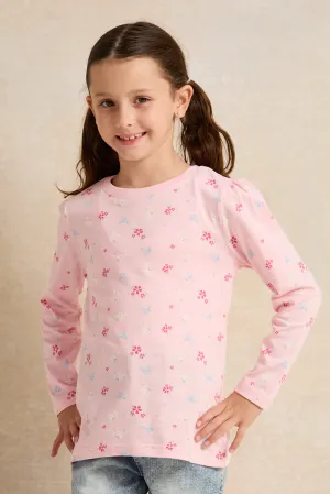 Girls Pink And Navy Printed T-Shirt Set (2 Piece)