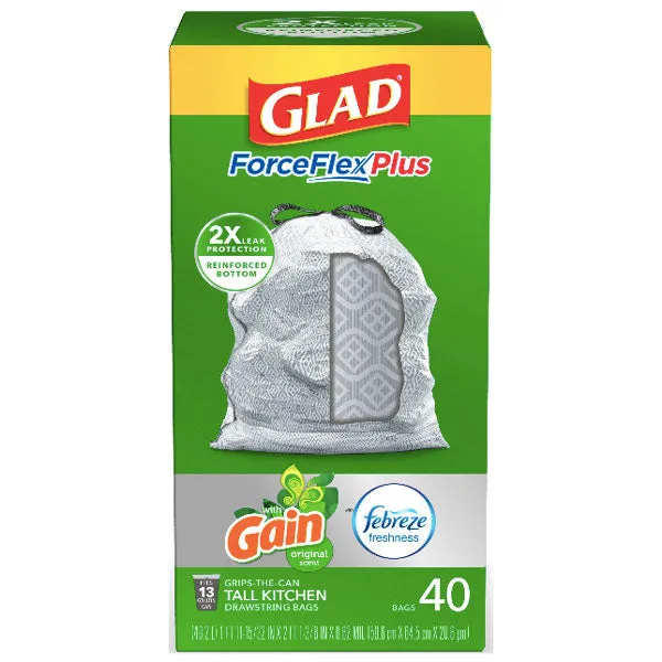 Glad ForceFlexPlus Tall Kitchen Trash Bags, 13 Gallon (Gain Original), 40 Count