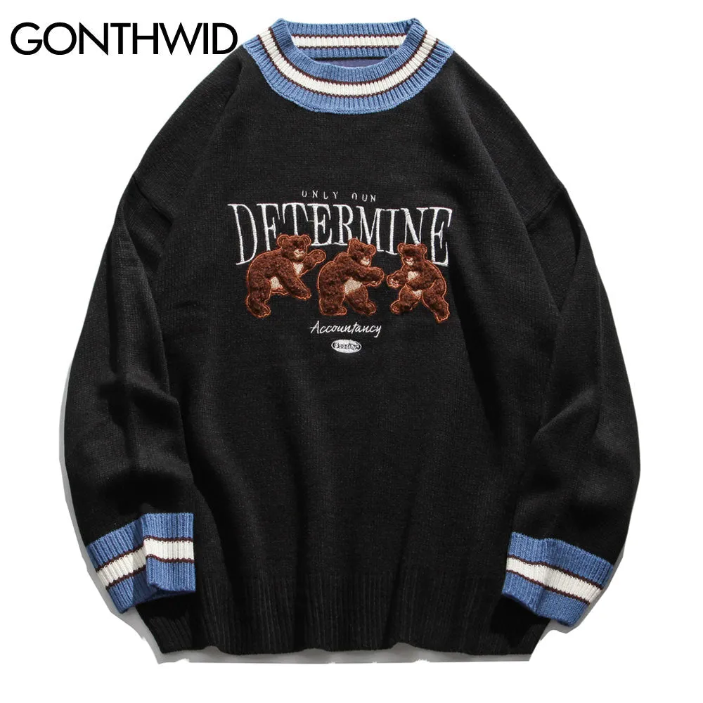 GONTHWID Bear Patchwork Striped Knitted Jumpers Sweaters Streetwear