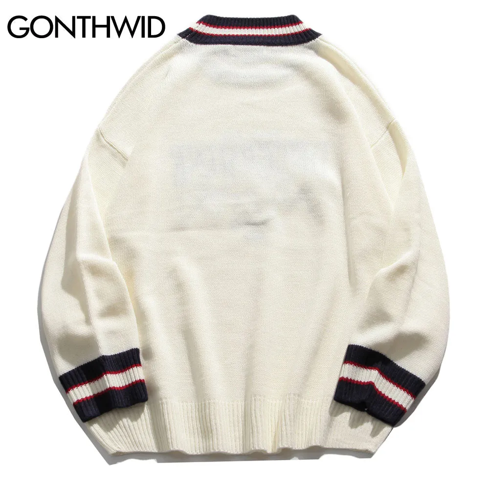 GONTHWID Bear Patchwork Striped Knitted Jumpers Sweaters Streetwear