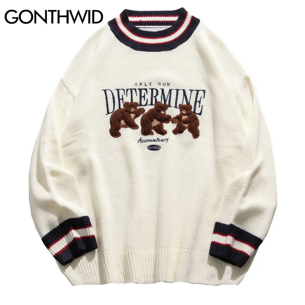 GONTHWID Bear Patchwork Striped Knitted Jumpers Sweaters Streetwear