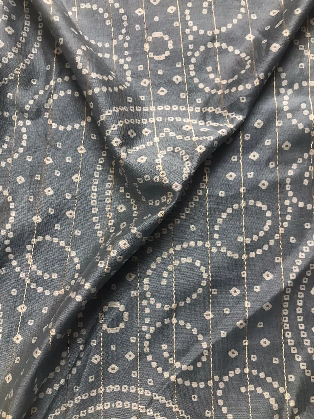 Gray White Dot Bandhej Printed Viscose Chanderi Lurex Fabric