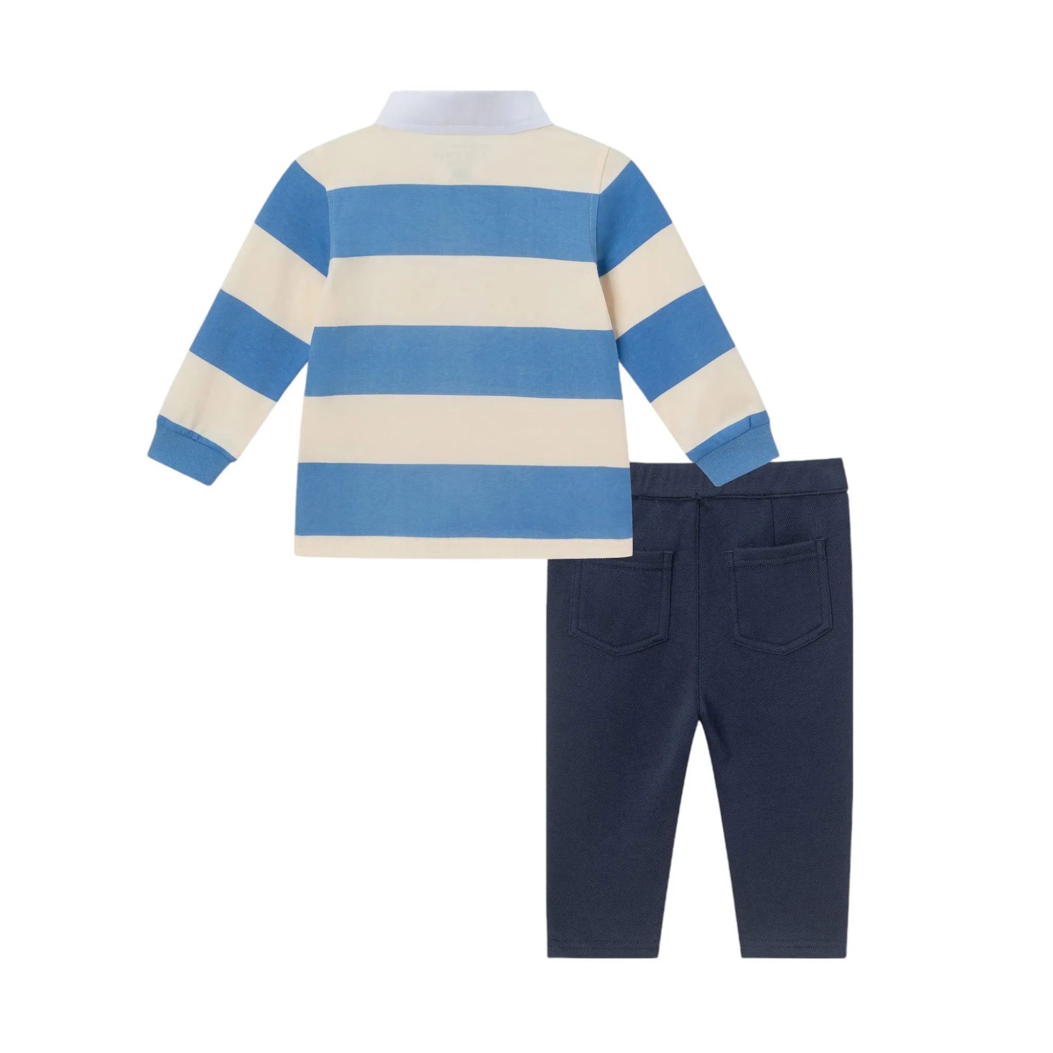 Infant 2-Piece Rugby Shirt & Soft Pique Pant Set | Blue Cream Striped