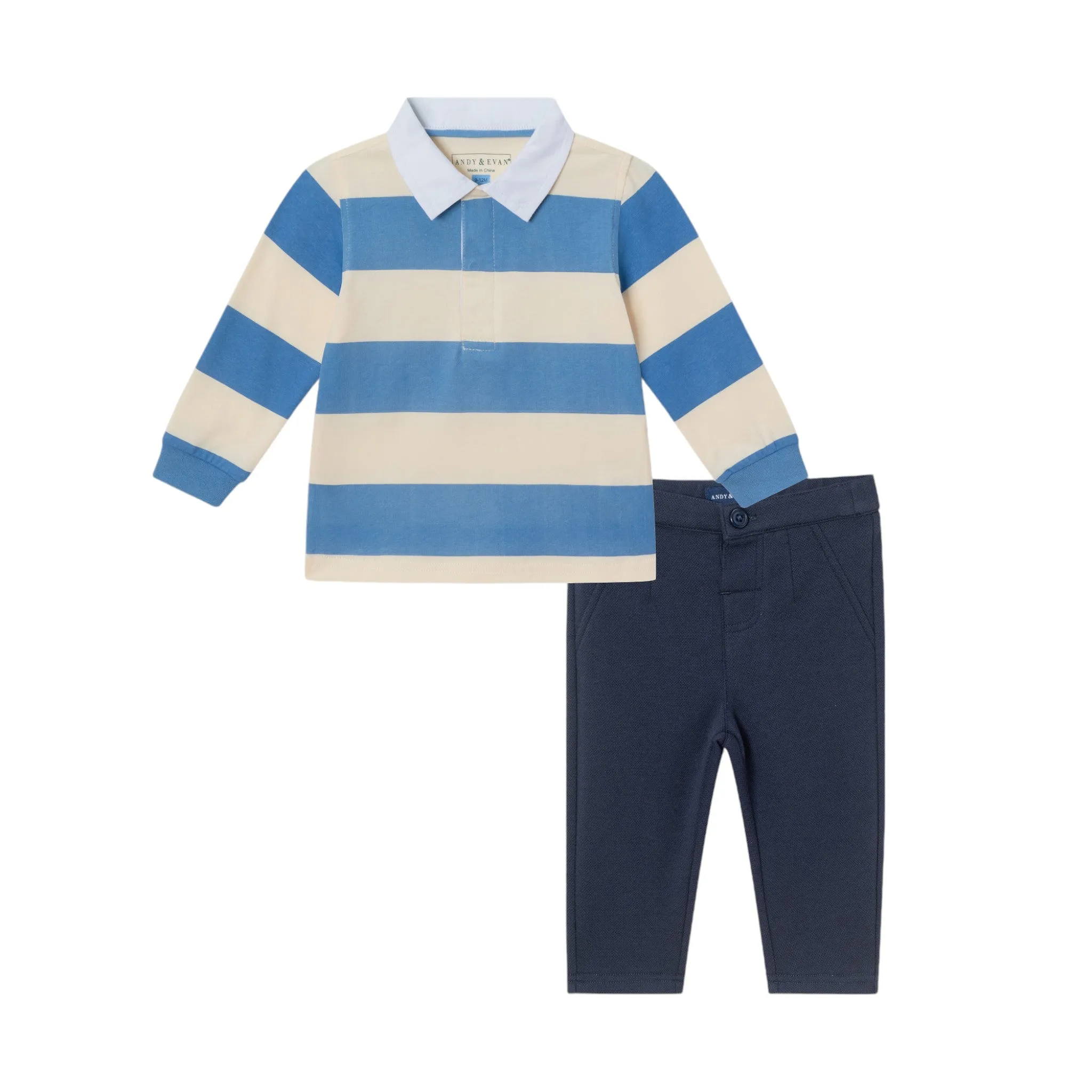 Infant 2-Piece Rugby Shirt & Soft Pique Pant Set | Blue Cream Striped