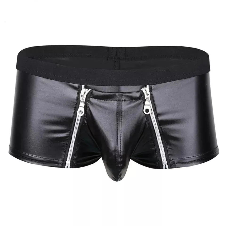 Men's Faux Leather Open Crotch Short Pants