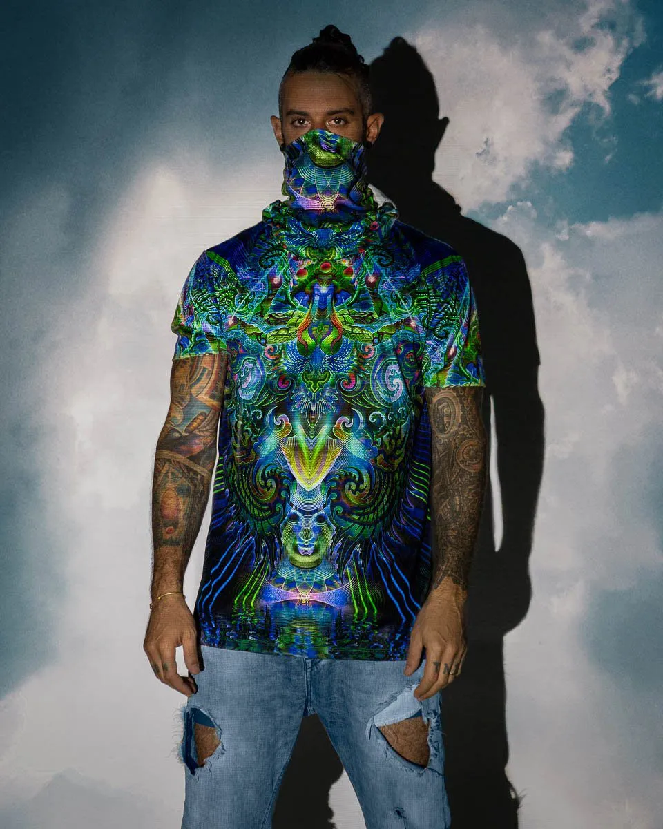 Mens Festival Top | Psy Clothing | Mens Rave Outfit | UV Blacklight Shirt | Psychedelic Shirt | Neck Gaiter and Hood | Garuda - Ninja