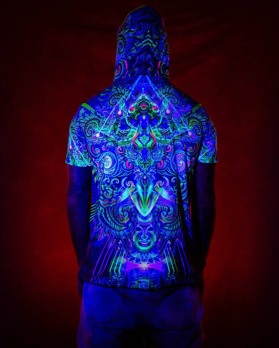 Mens Festival Top | Psy Clothing | Mens Rave Outfit | UV Blacklight Shirt | Psychedelic Shirt | Neck Gaiter and Hood | Garuda - Ninja