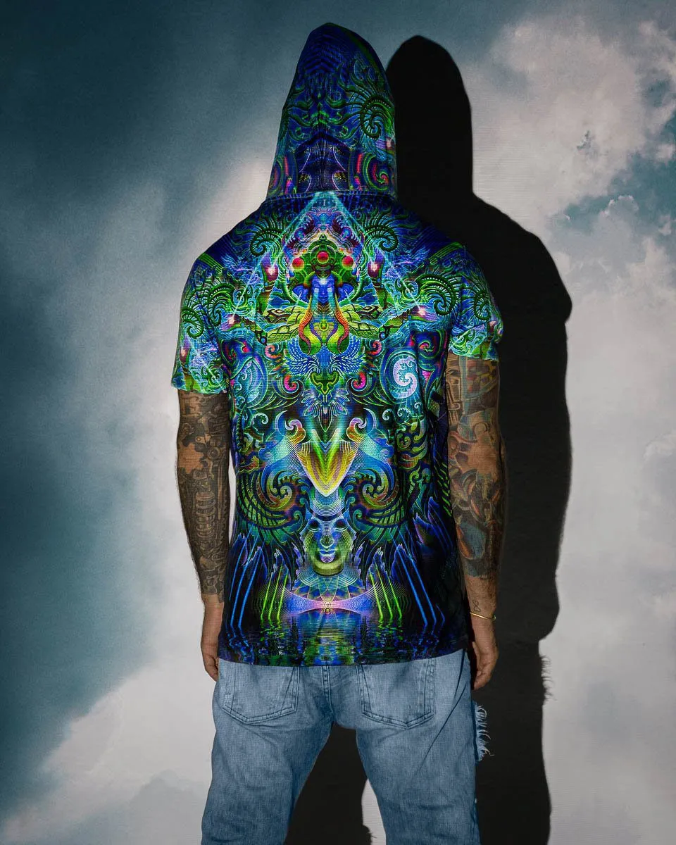 Mens Festival Top | Psy Clothing | Mens Rave Outfit | UV Blacklight Shirt | Psychedelic Shirt | Neck Gaiter and Hood | Garuda - Ninja