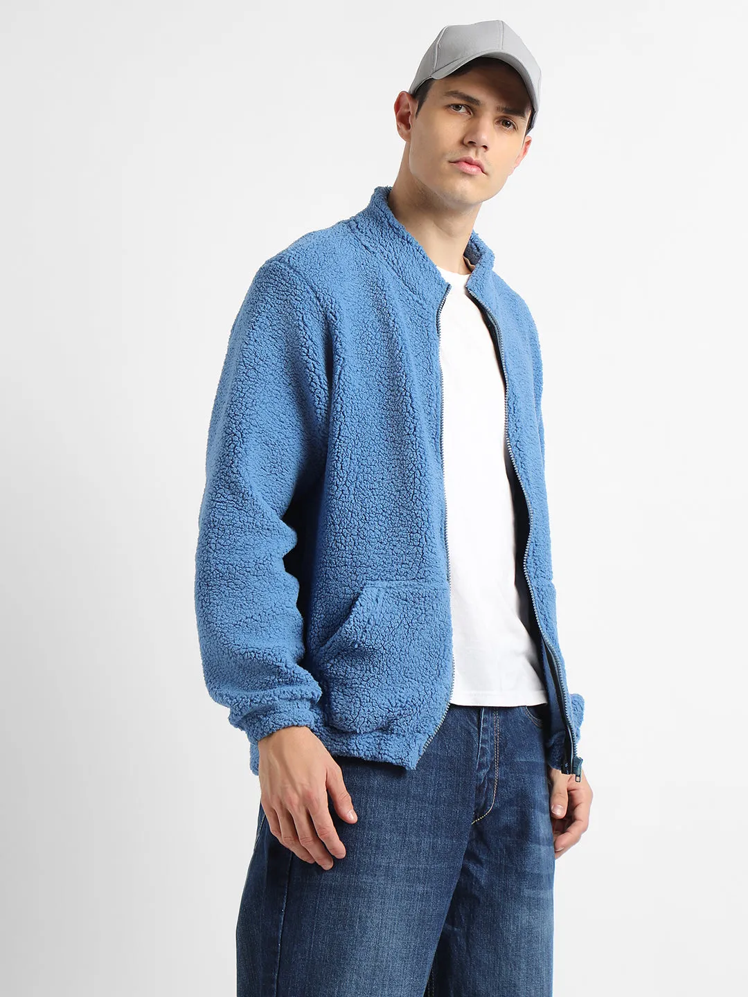 Men's High Neck Regular Fit Solid Fleece Blue Jackets