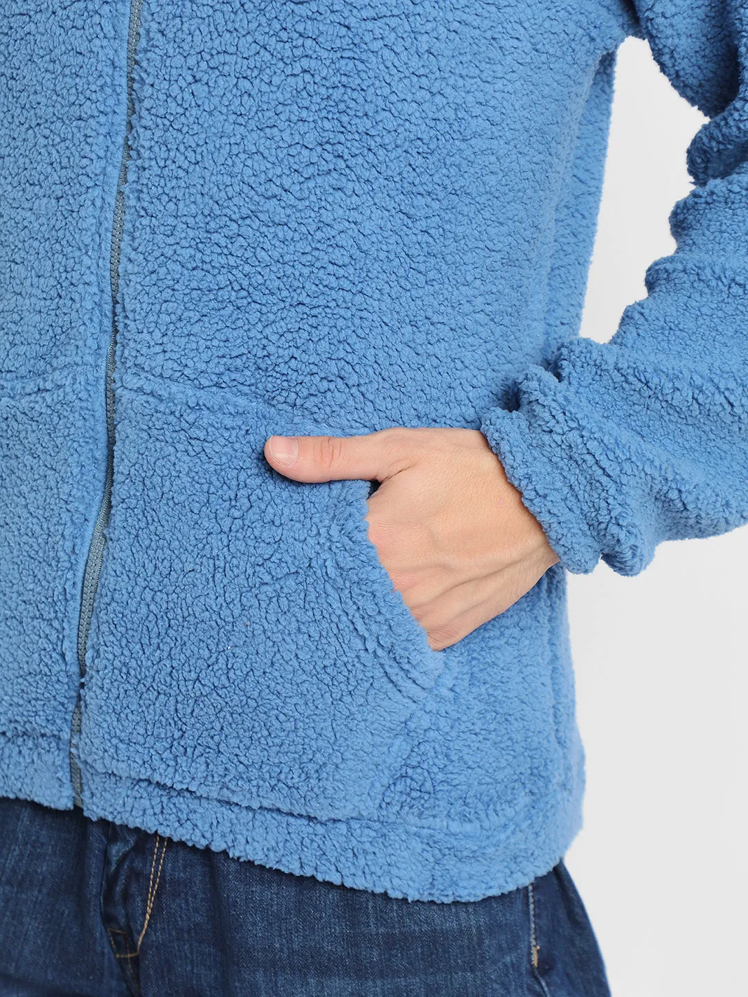 Men's High Neck Regular Fit Solid Fleece Blue Jackets