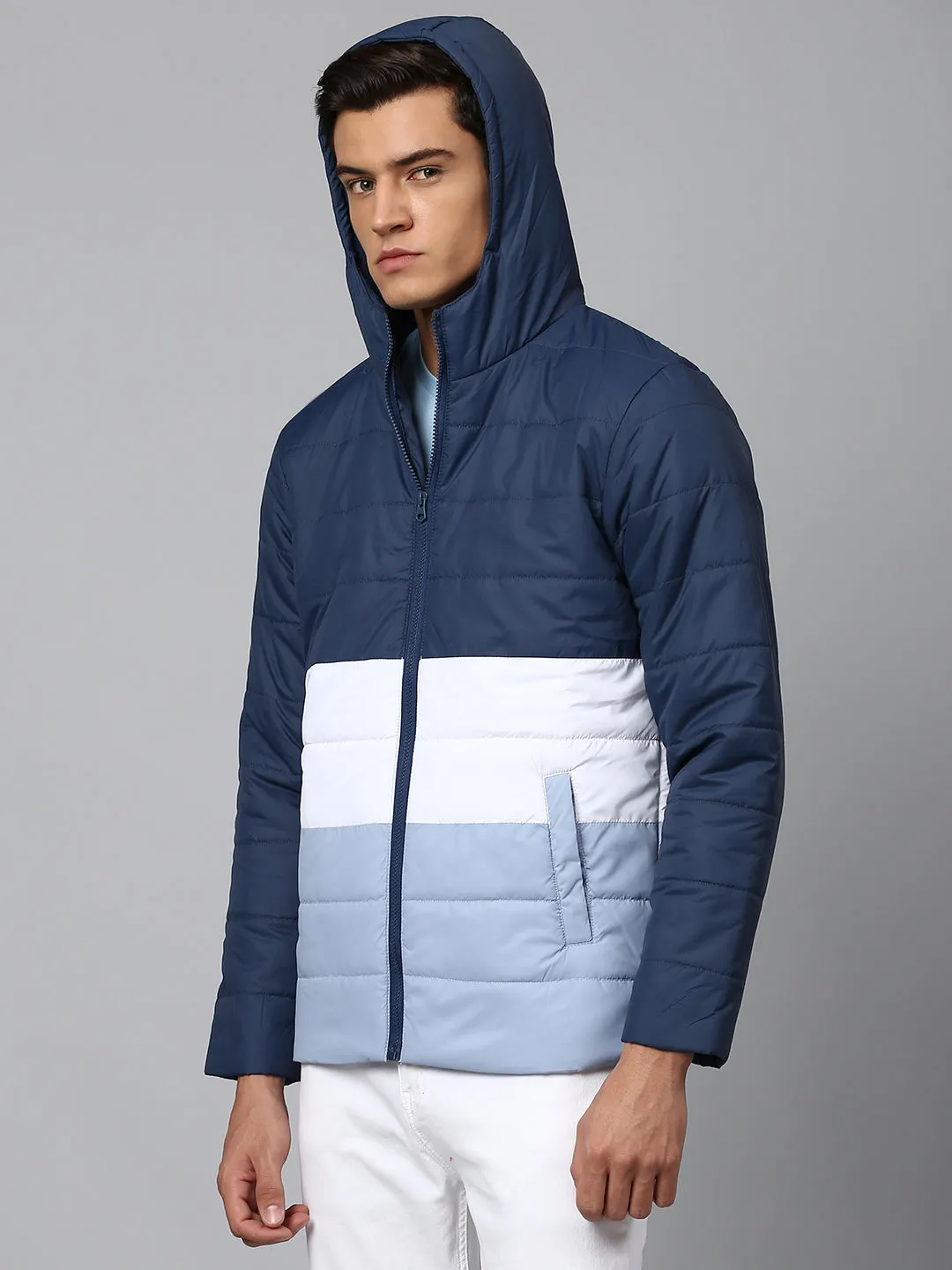 Men's Long-Sleeve Color Block Hooded Puffer Jacket - Water-Resistant Lightweight Casual Winterwear  (Blue)