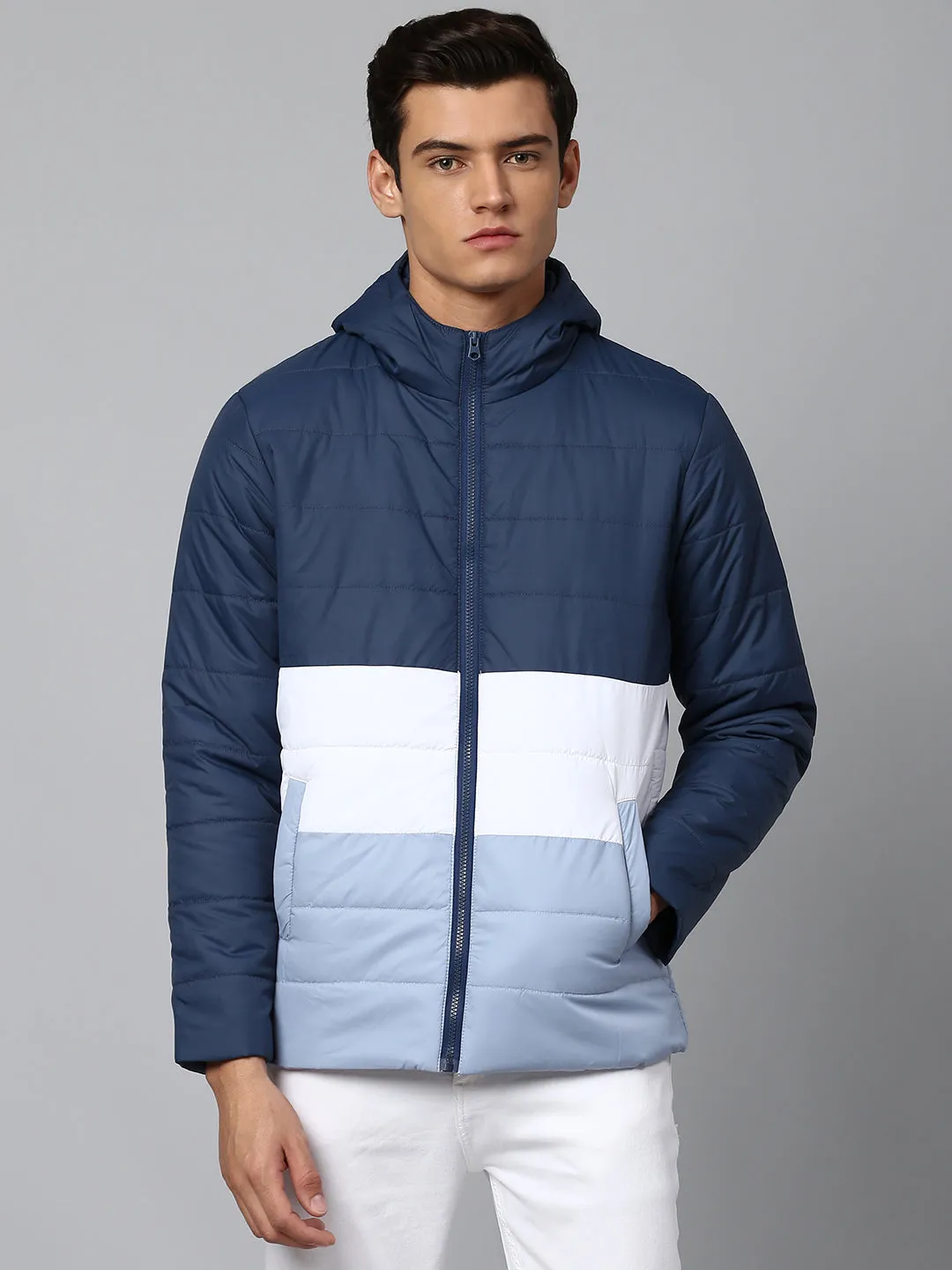 Men's Long-Sleeve Color Block Hooded Puffer Jacket - Water-Resistant Lightweight Casual Winterwear  (Blue)