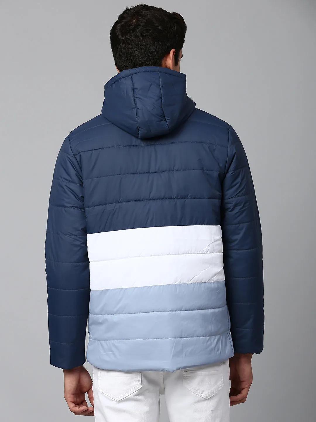 Men's Long-Sleeve Color Block Hooded Puffer Jacket - Water-Resistant Lightweight Casual Winterwear  (Blue)