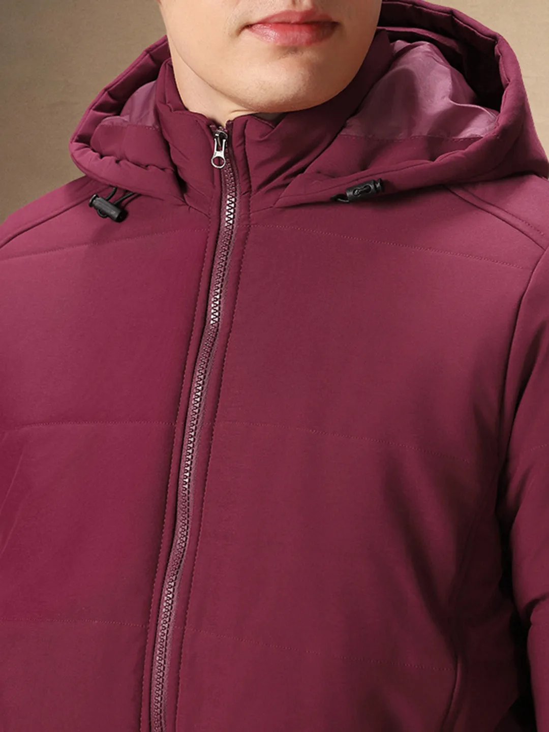 Men's Maroon Solid Hooded Full Sleeves Jacket