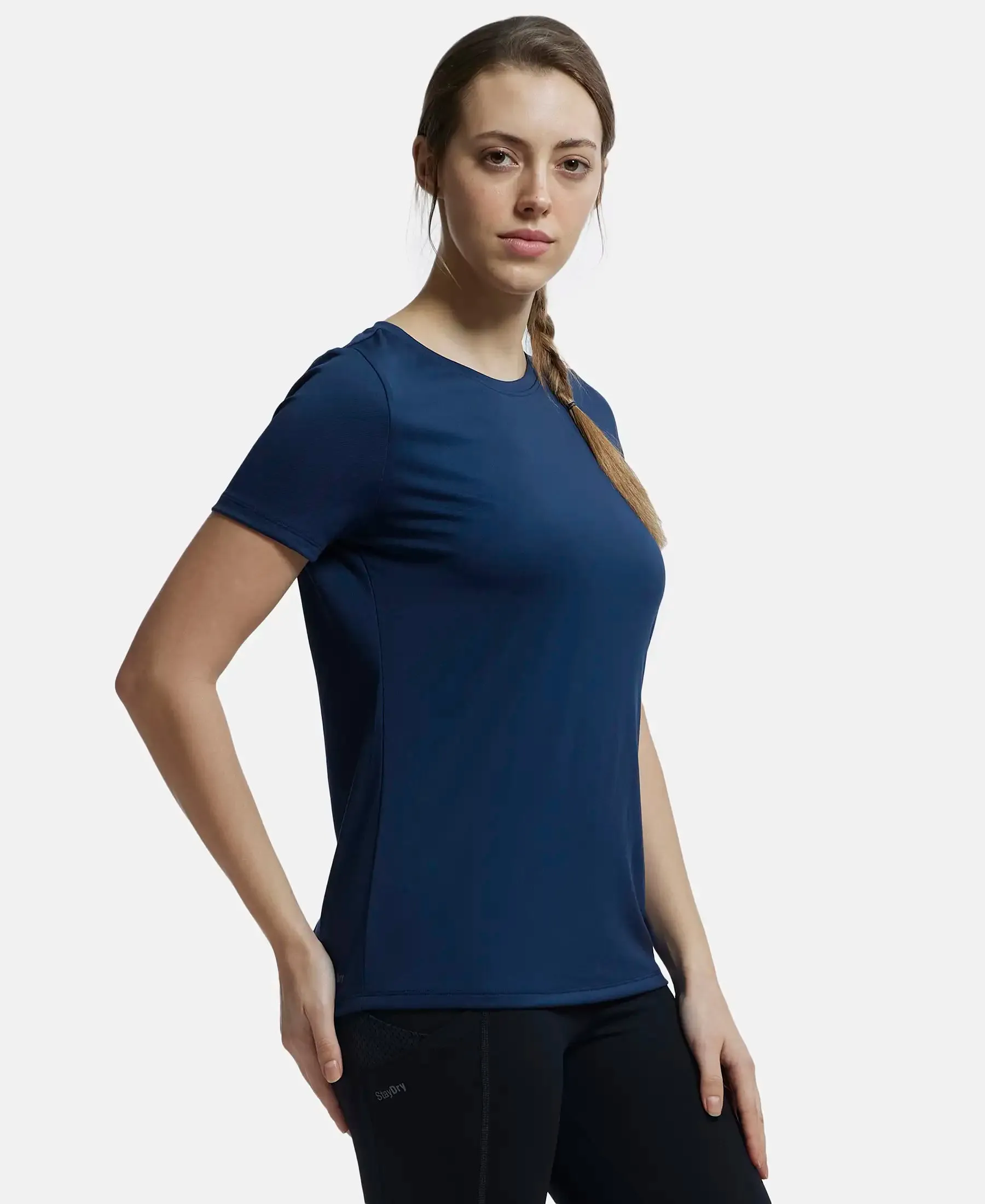 Microfiber Polyester Fabric Relaxed Fit Solid Round Neck Half Sleeve T-Shirt - Cosmic Sapphire