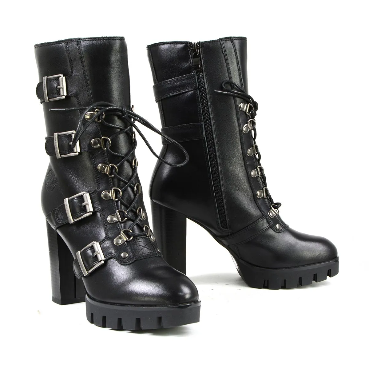 Milwaukee Leather MBL9459 Women's Premium Black Leather Buckles Platform Fashion Boots with Lace-Up Closure