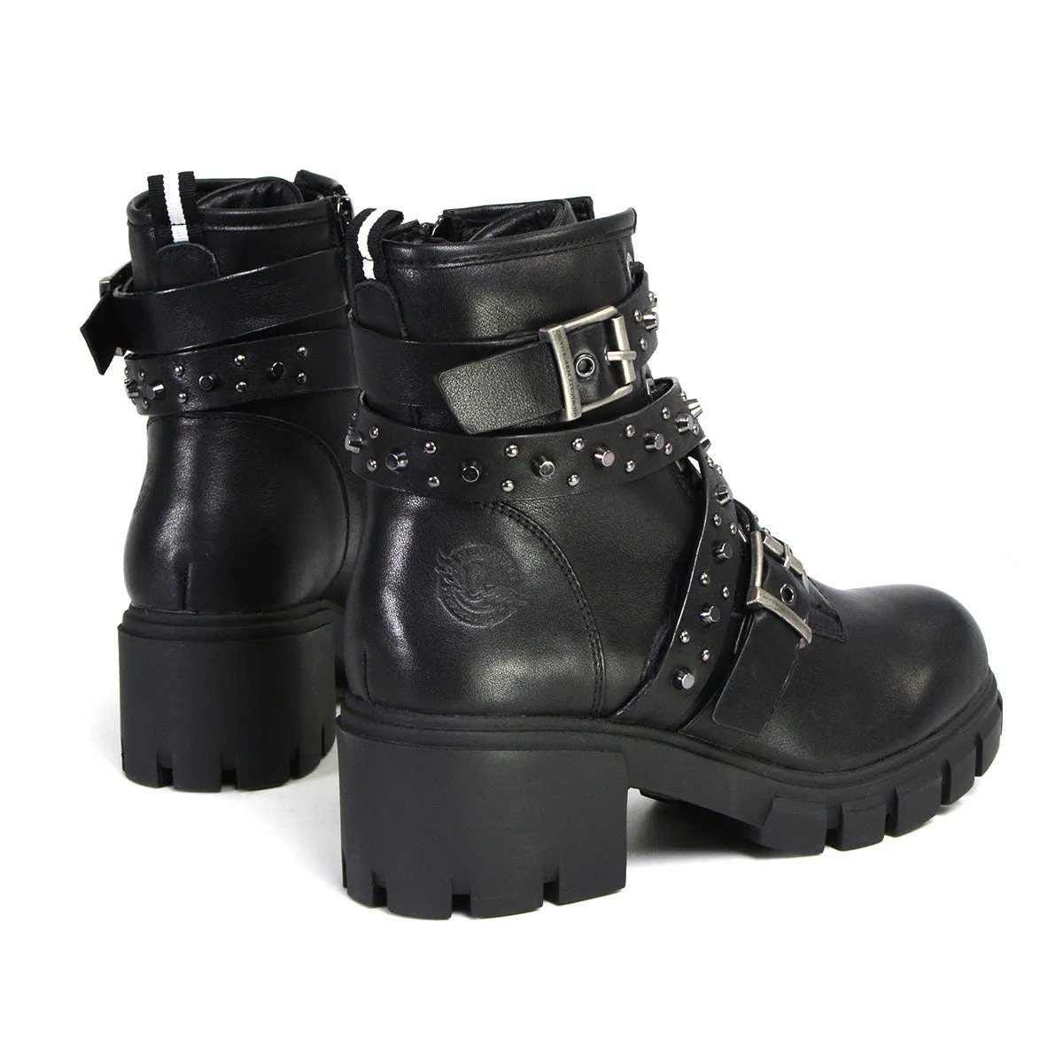 Milwaukee Leather Women's Bruiser Premium Black Leather Lace-Up Fashion Boots with Studded Straps MBL9444