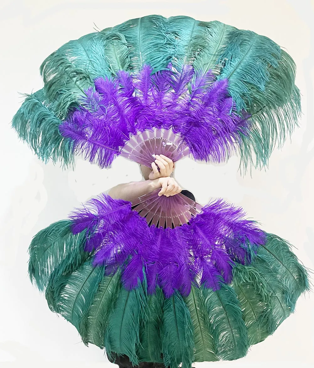 Mix lavender & forest green 2 Layers Ostrich Feather Fan 30''x 54'' with Travel leather Bag