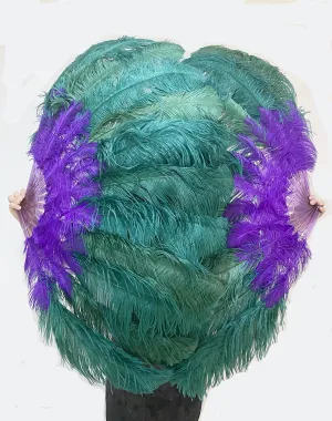 Mix lavender & forest green 2 Layers Ostrich Feather Fan 30''x 54'' with Travel leather Bag