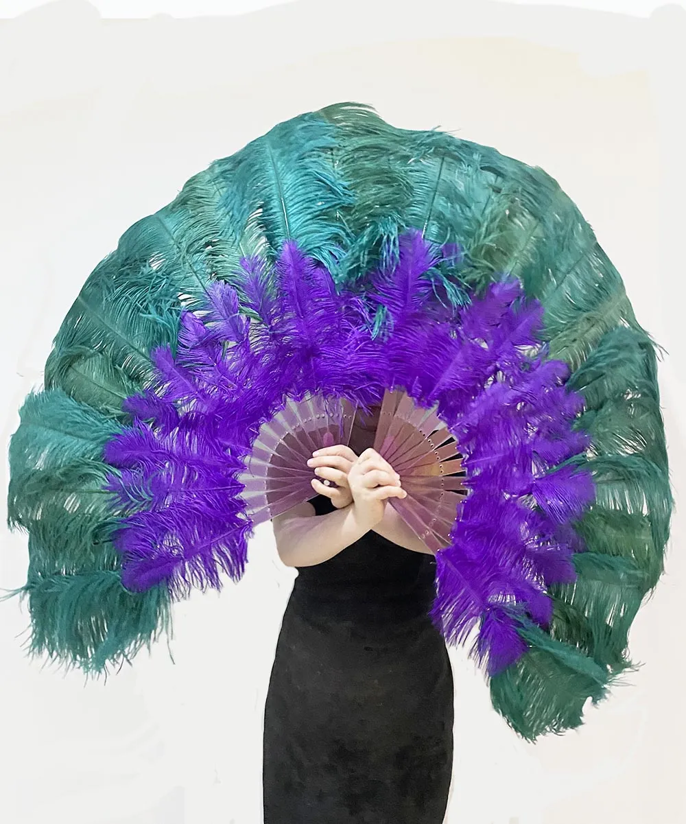 Mix lavender & forest green 2 Layers Ostrich Feather Fan 30''x 54'' with Travel leather Bag