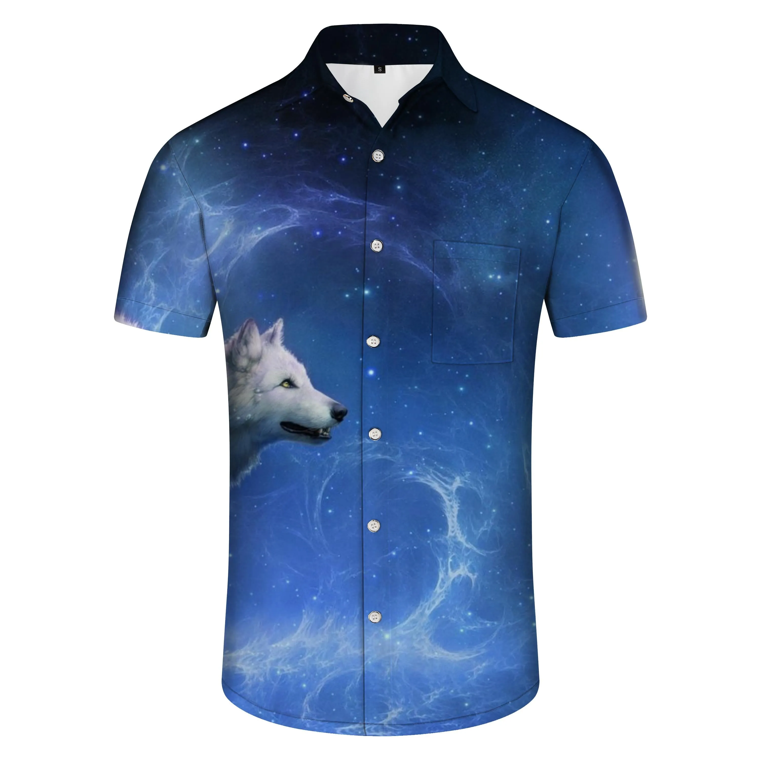 Navy Blue Casual Men's Lapel Hawaiian Button Print Short Sleeve Shirt Wolf Head