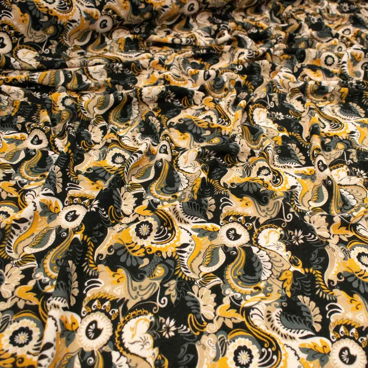 Printed Soft Touch Crepe Yellow and Beige Floral on Black