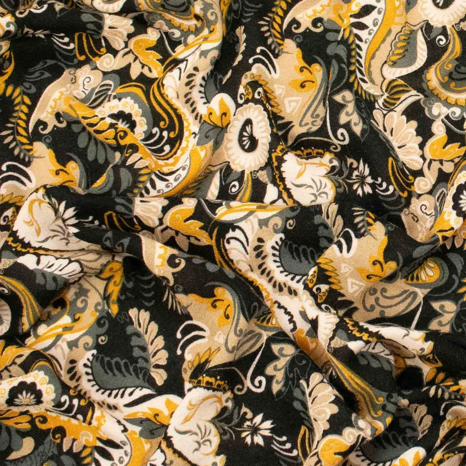 Printed Soft Touch Crepe Yellow and Beige Floral on Black