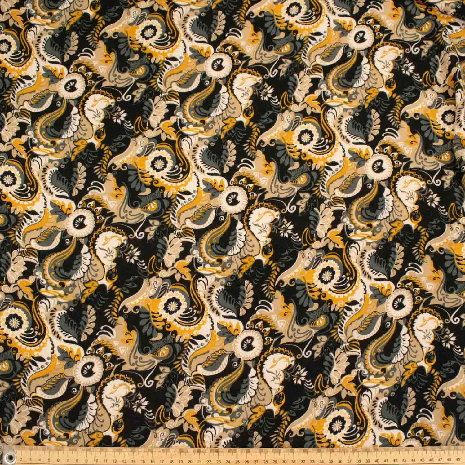 Printed Soft Touch Crepe Yellow and Beige Floral on Black