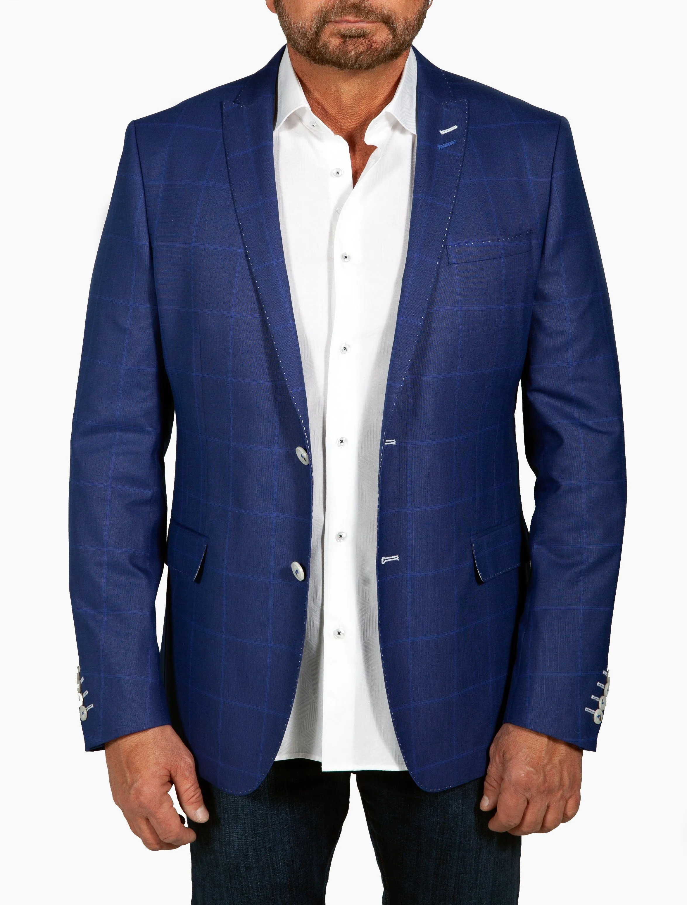 Royal Blue Plaid Jacket With White Stitch