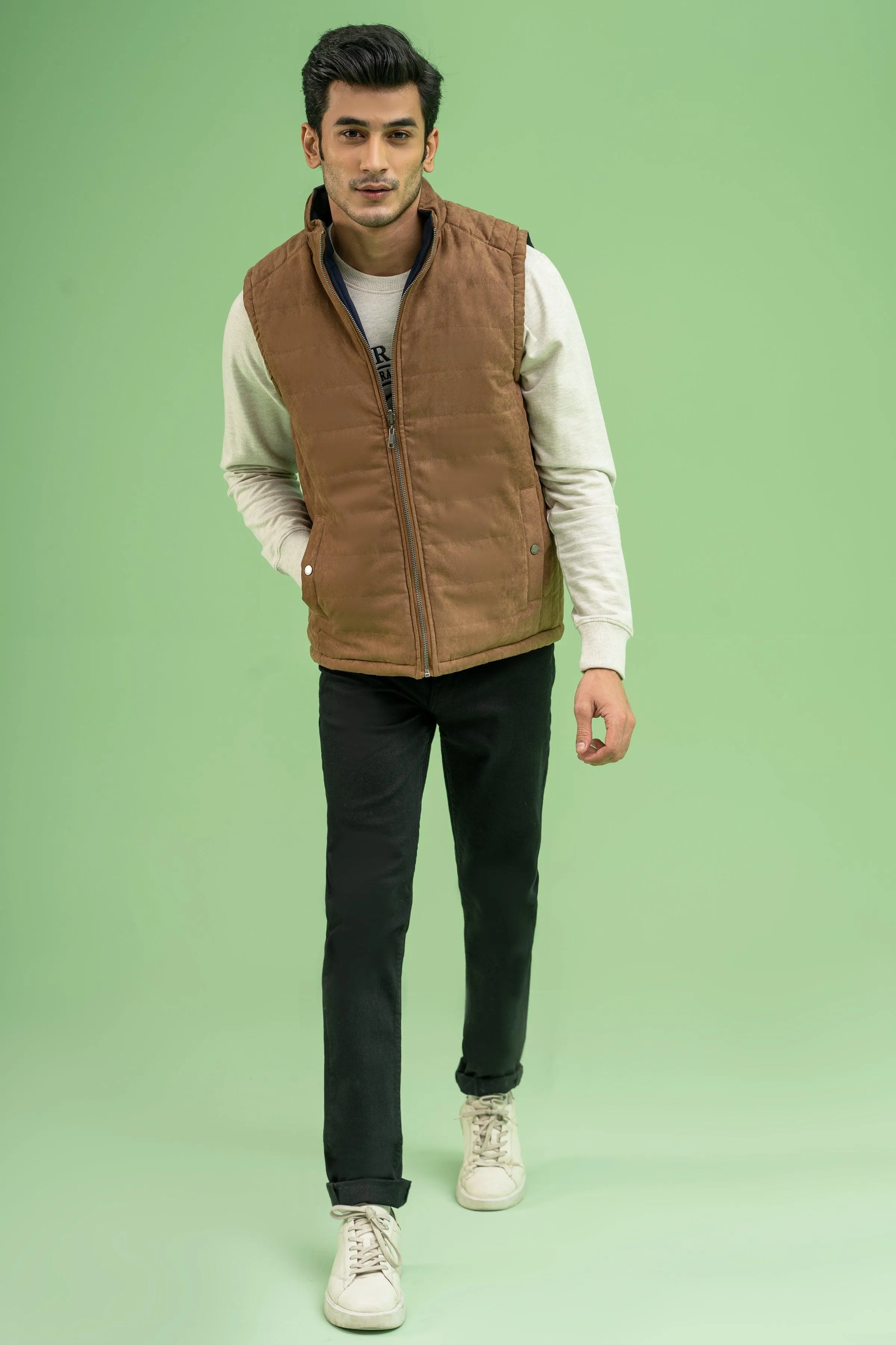 SLEEVELESS REVERSIBLE SUEDE JACKET BROWN