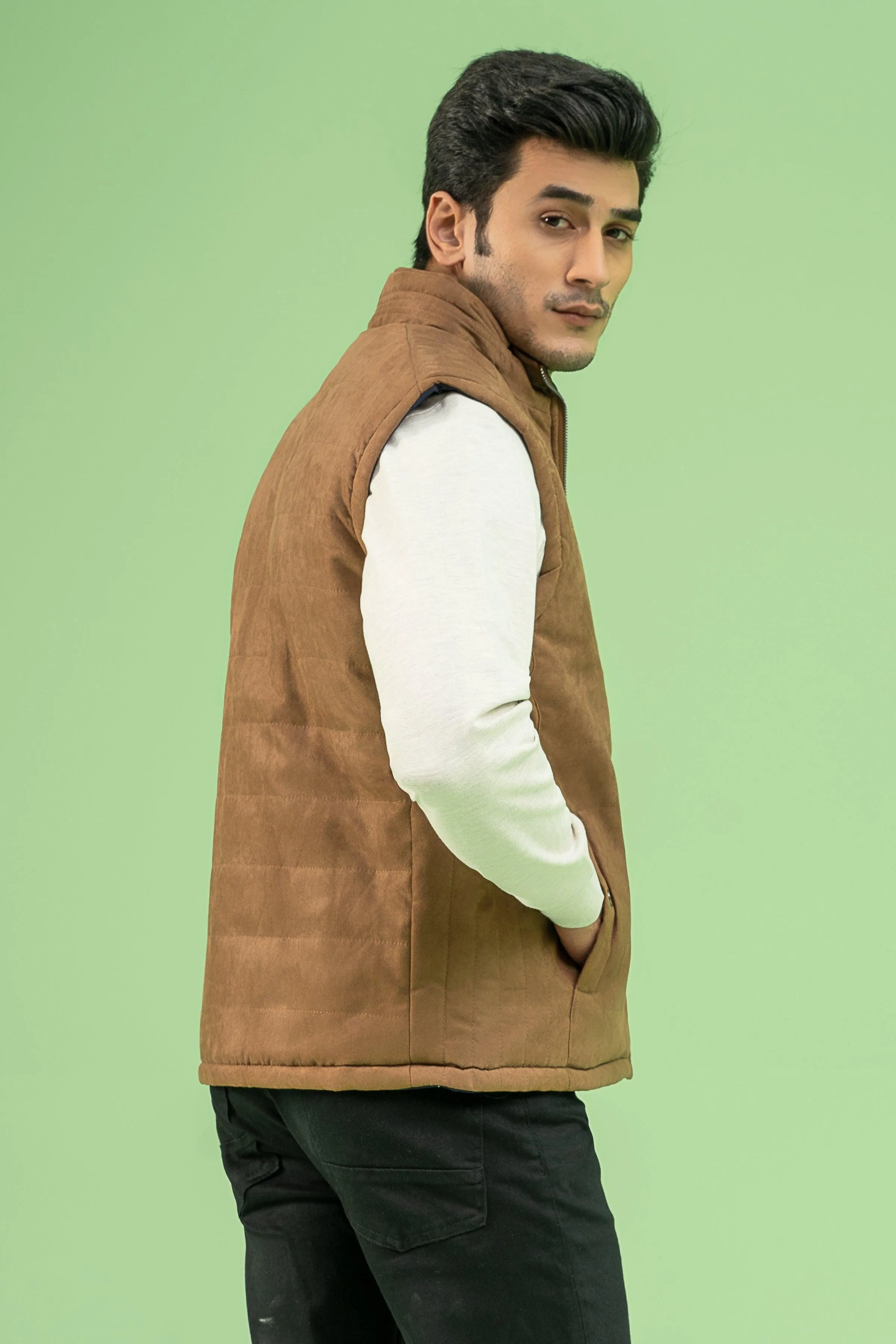 SLEEVELESS REVERSIBLE SUEDE JACKET BROWN