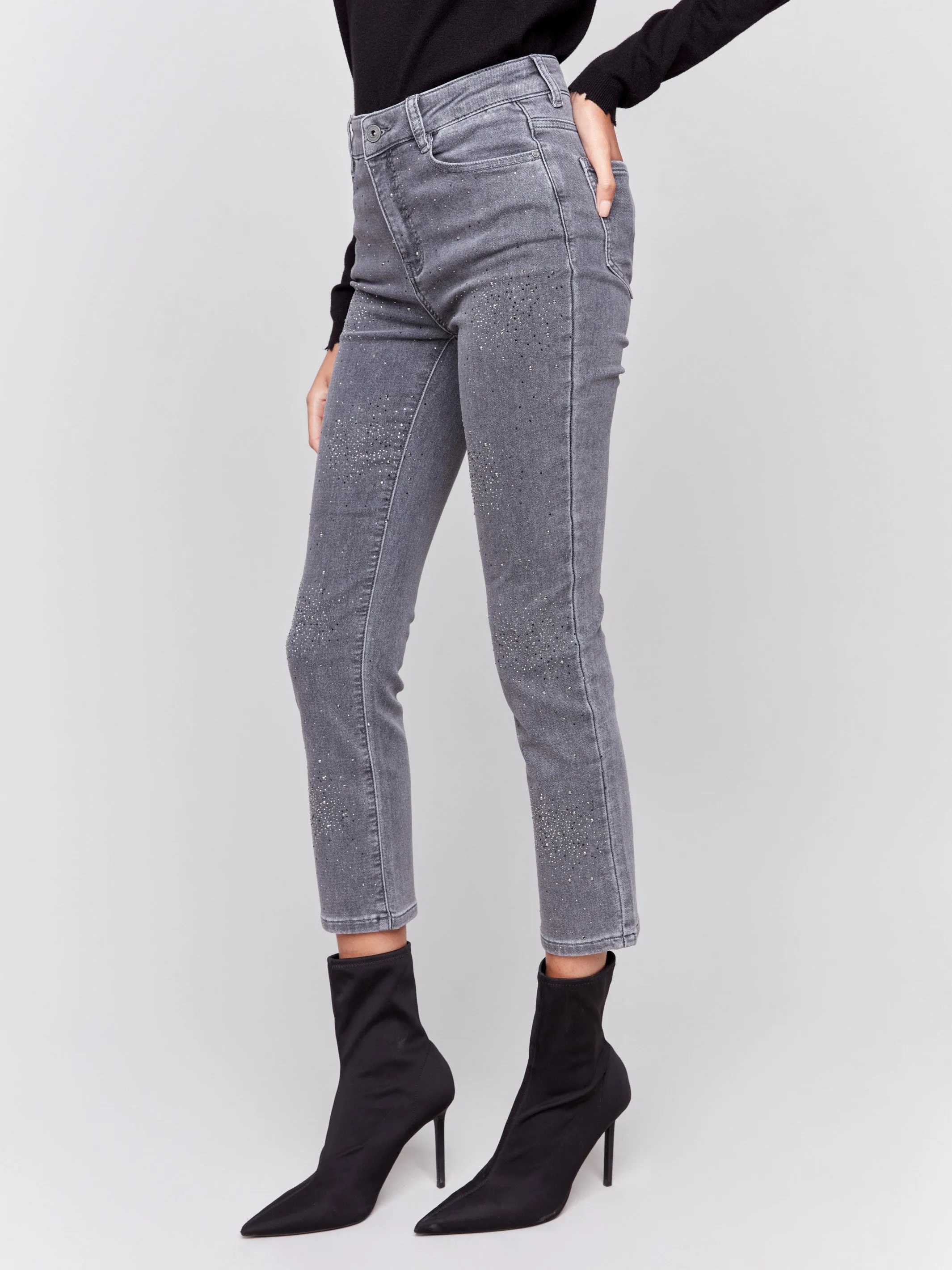 Soft Denim Pants with All-Over Studs - Medium Grey