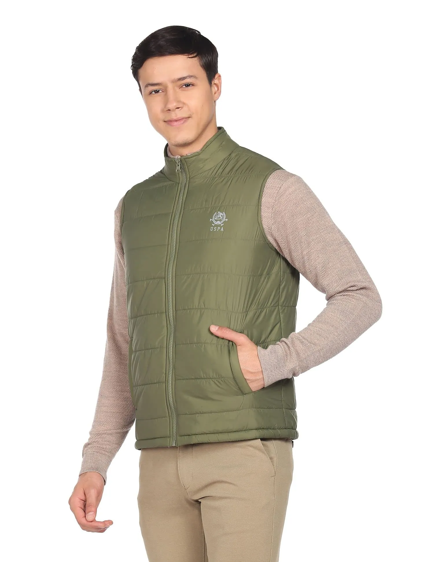 U.S. Polo Assn. Nylon Men Olive High Neck Sleeveless Solid Padded Standard Length Jacket, Small