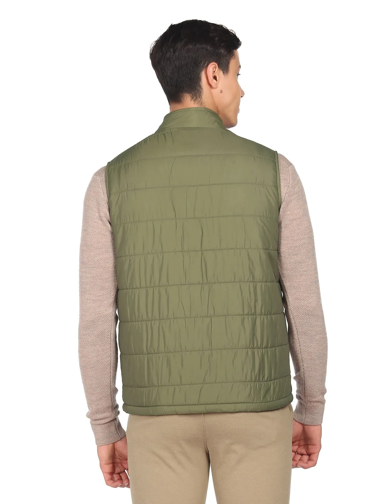 U.S. Polo Assn. Nylon Men Olive High Neck Sleeveless Solid Padded Standard Length Jacket, Small