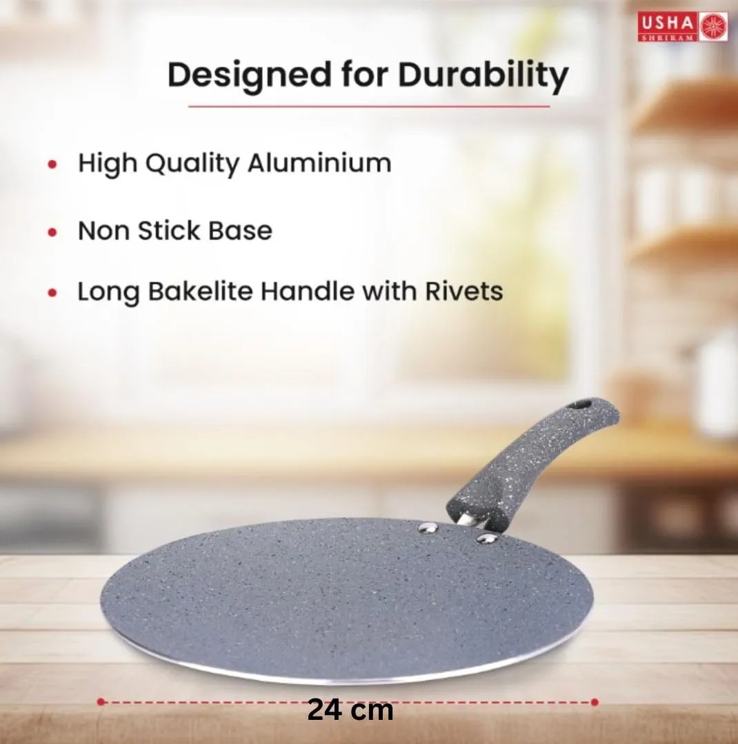 USHA SHRIRAM (24cm Lunar Haze Non Stick Roti Tawa with Riveted Handle | High Grade Aluminium | Scratch Resistant Surface | Roti Nonstick Dosa Tawa Non Stick Pan | Flat Tawa Non Stick(Grey)