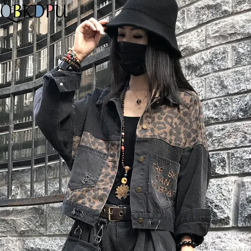 Vintage Black Leopard Women Denim Jacket Spring Harajuku Punk Jean Jackets Coat Boyfriend Loose Pocket Fashion Streetwear