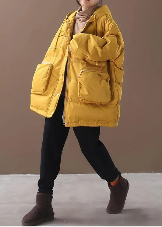 Warm Loose-fitting snow jackets drawstring hem outwear yellow hooded women short coats