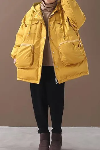 Warm Loose-fitting snow jackets drawstring hem outwear yellow hooded women short coats