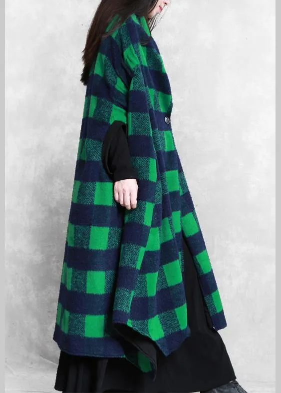 women casual Jackets & Coats green plaid Batwing Sleeve patchwork wool overcoat