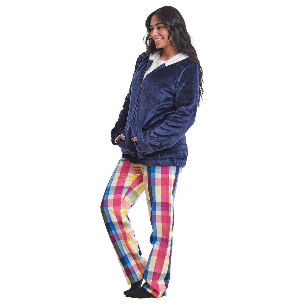 Women Winter Pajama 3 PCS Set Dark Blue Sweatshirt  Off-white top  Dark Blue x Fuchsia Checkered Pants