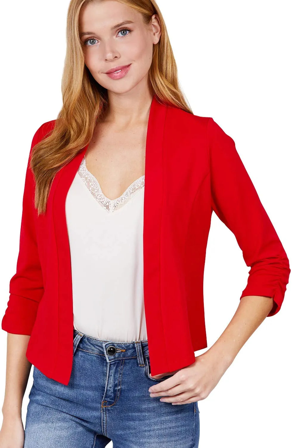 Women's 3/4 Shirring Sleeve Open Front Knit Casual Jacket